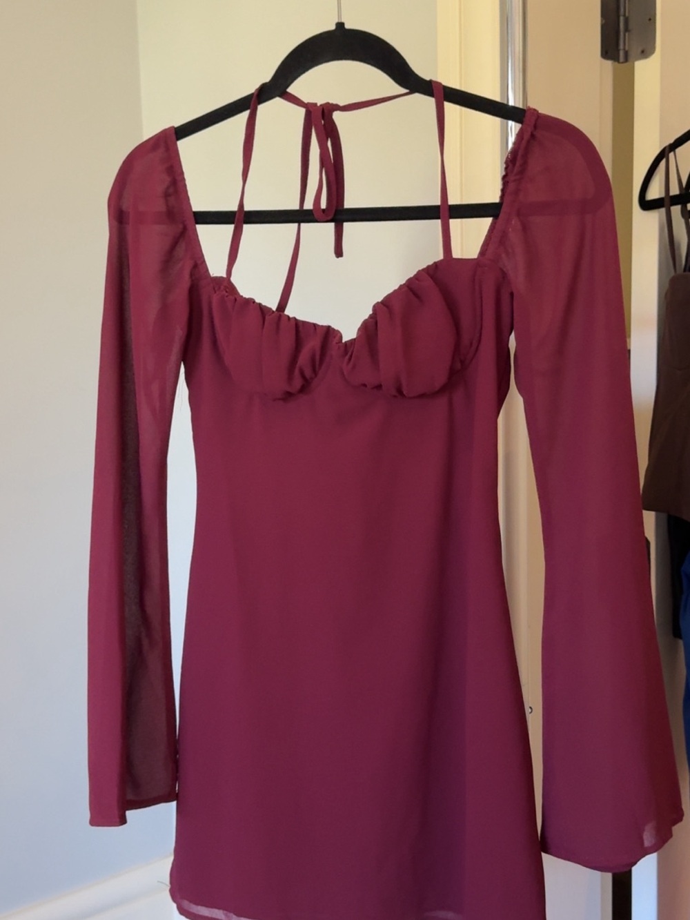 White Fox Boutique Burgundy Mesh Long Sleeve Mini Dress